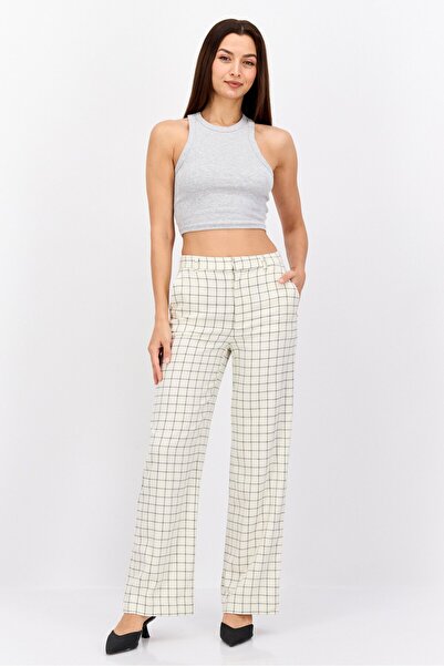 Scotch & Soda Women Regular Fit Straight Leg Checkered Pants, Beige