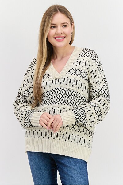 Black Tape سترة نسائية من Pointelle بفتحة رقبة على شكل حرف V، كريمي