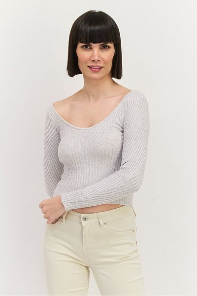 Sage The Label Women Scoop Neck Knitted Long Sleeves Sweater, Grey