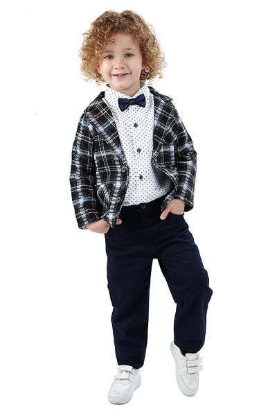 Monttini Boy's 4-Piece Suit Plaid Jacket, White Shirt, Bow Tie and Pants