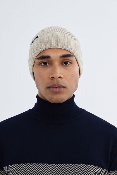 Nordbron Ανδρικό μπεζ μαλακό βαμβακερό μοτίβο Beanie διπλωμένο χειμωνιάτικο πολύχρωμο λεπτομερές λογότυπο Basic Knitwear Davis