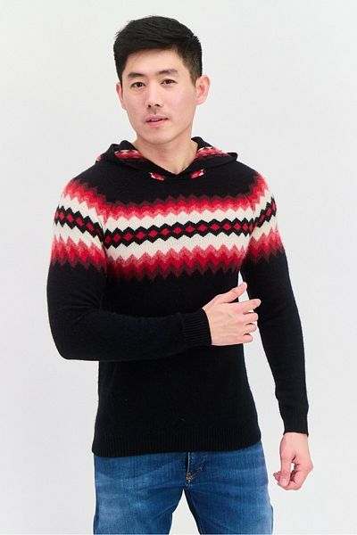 INC Men Aztec Pattern Long Sleeves Hooded Sweater, Black