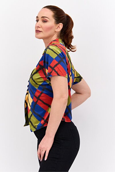 Labelrail x Franceska Perks Women Lapel Collar Allover Print Blouse, Multicolor