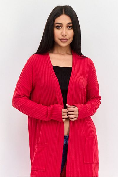 Brave Soul Women Long Sleeves Textured Cardigan, Red
