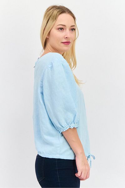 WRANGLER Women Round Neck Short Sleeve Textured Blouse, Light Blue
