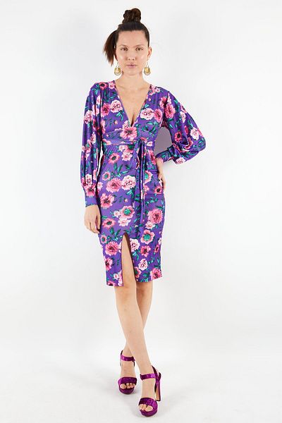 BOOHOO Women Floral Print Long Sleeve Midi Dress, Purple