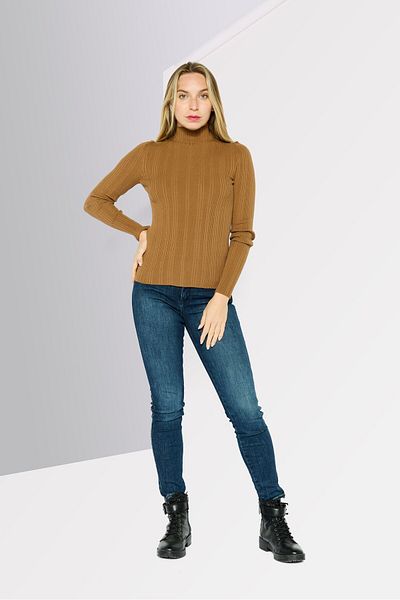 Hugo Boss Women Mock Neck Long Sleeves Ribbed Top, Brown