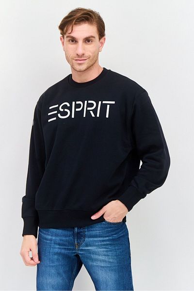 Esprit Men Crew Neck Long Sleeve Brand Logo Sweatshirt, Black