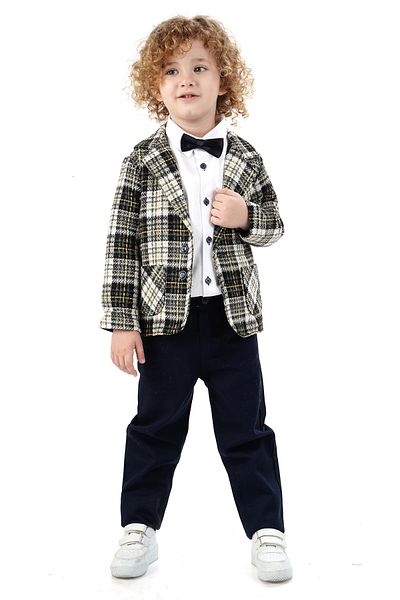 Monttini Boy's 4-Piece Suit Plaid Jacket, White Shirt, Bow Tie and Pants