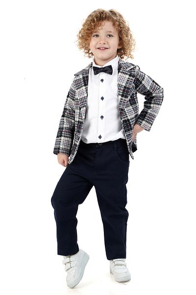 Monttini Boy's 4-Piece Suit Plaid Jacket, White Shirt, Bow Tie and Pants