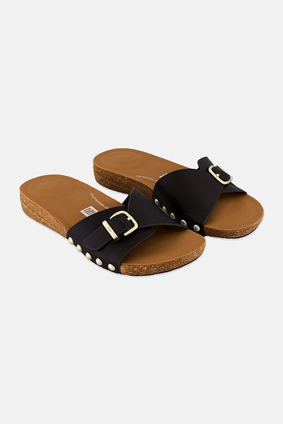 Fitflop شبشب جلدي بإبزيم للنساء، أسود