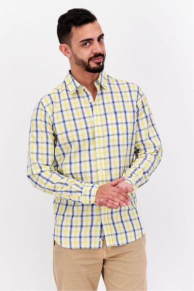 Pepe Jeans قميص رجالي كاجوال بأكمام طويلة منقوش بقصّة عادية، مجموعة صفراء