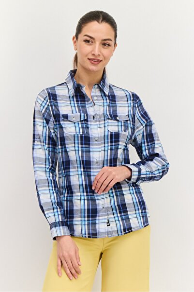 Burnside قميص نسائي منقوش بأكمام طويلة وياقة مدببة، مجموعة زرقاء