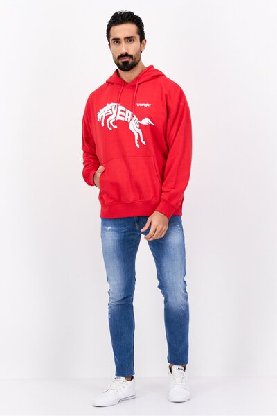WRANGLER Men Crew Neck Long Sleeve Brand Logo Hooded Sweatshirt, Red