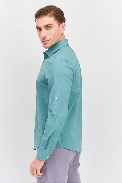 Perry Ellis قميص رجالي كاجوال بأكمام طويلة وقصّة مطاطية، أخضر حكيم