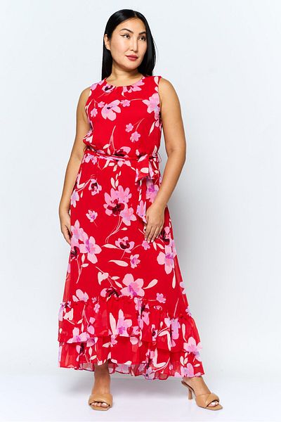 Calvin Klein Women Floral Print Maxi Dress, Red Combo