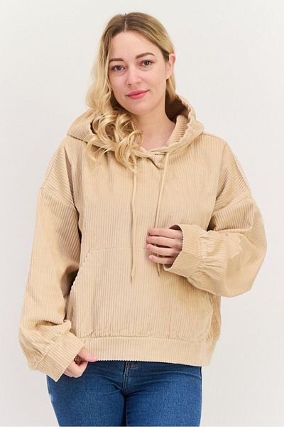 Sadie & Sage Women Hood And Drawstring Long Sleeve Ribbed Sweatshirts, Cream