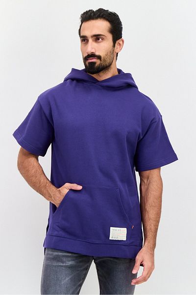 Tribe of 6 Men Hooded Short Sleeve Brand Logo Sweatshirt, Blue
