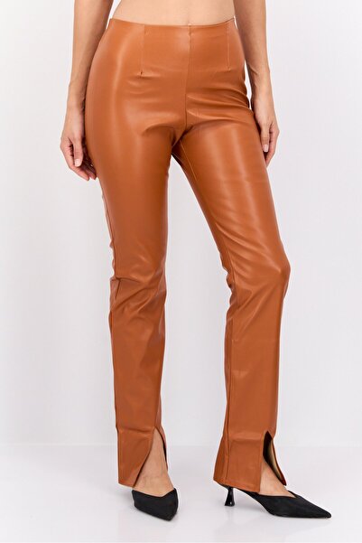 Fashionkilla Women Regular Fit Plain Flare Leg Leather Pants, Orange