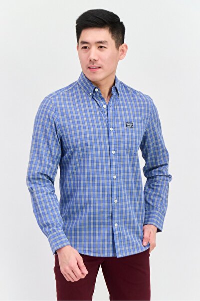 Perry Ellis Men Regular Fit Long Sleeve Checked Casual Shirt, Blue