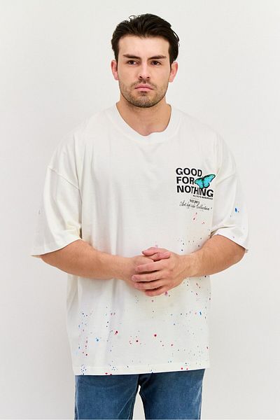 Good For Nothing Men Crew Neck Short Sleeves Graphic Printed T-shirt, Off White Combo