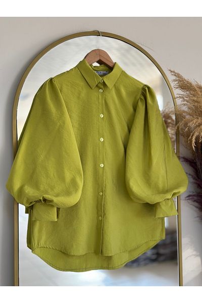 Ebrar Store Cămașă cu mânecă balon din sidef-BN4207 verde fistic