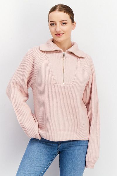 Joie Women High Neck Knitted Half Zip Long Sleeve Sweater, Light Pink