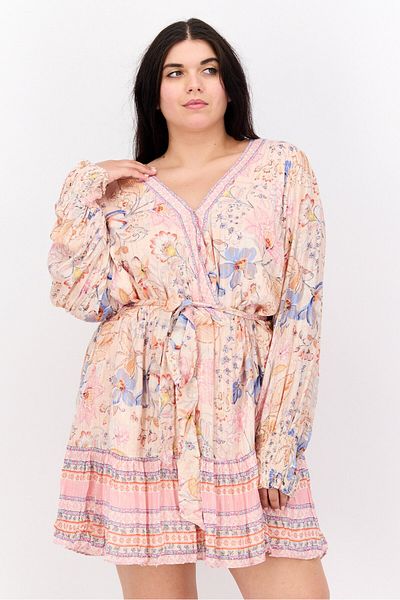 Forever New Women Curve Belted Allover Print Mini Dress, Peach