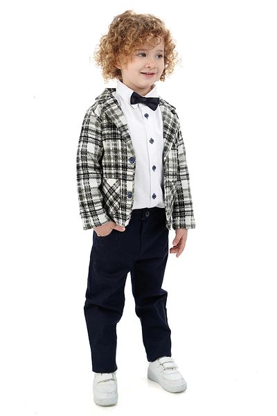 Monttini Boy's 4-Piece Suit Plaid Jacket, White Shirt, Bow Tie and Pants