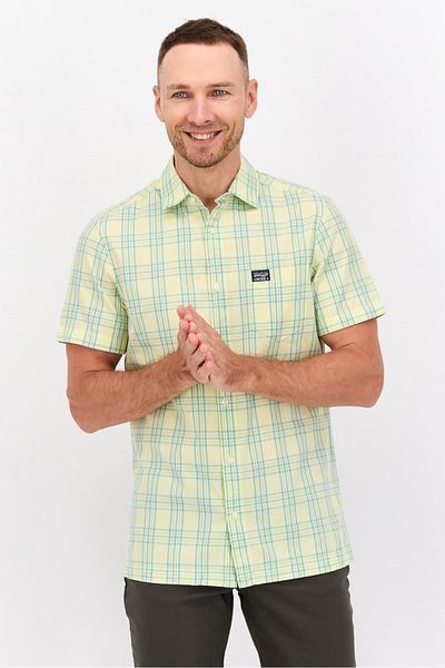 Perry Ellis قميص رجالي كاجوال مخطط بأكمام قصيرة وقصة عادية، أصفر فاتح