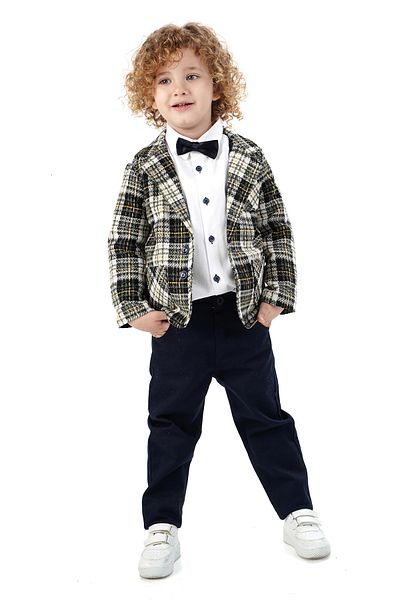 Monttini Boy's 4-Piece Suit Plaid Jacket, White Shirt, Bow Tie and Pants