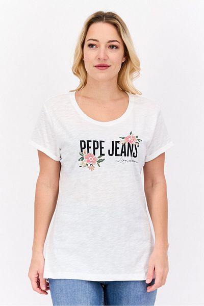 Pepe Jeans تي شيرت نسائي بأكمام قصيرة ورقبة دائرية وطبعة جرافيكية، أبيض عاجي