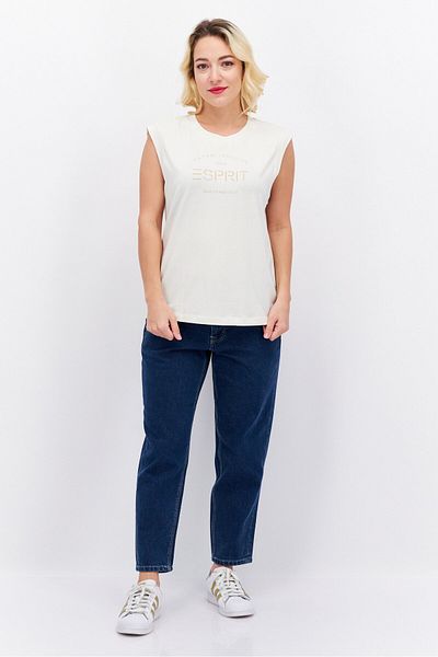 Esprit بلوزة نسائية بطبعة جرافيكية بدون أكمام ورقبة دائرية، كريمي