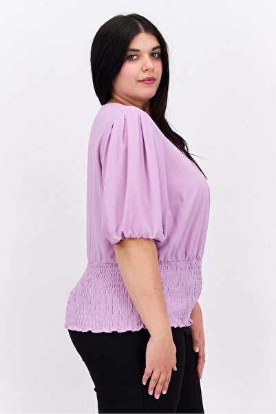 1 State Women Plus Size V-Neck Puffed Sleeves Plain Blouse, Purple