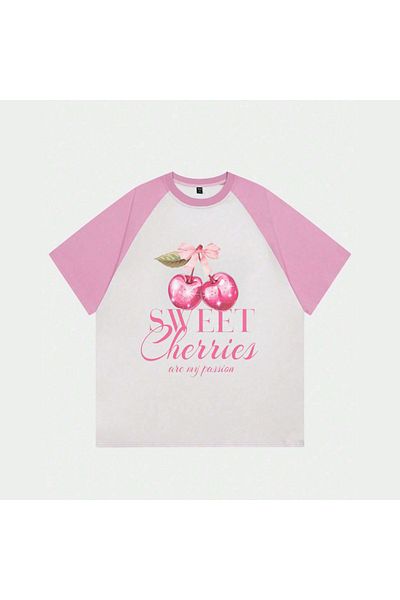 Touz Moda Λευκό Unisex ροζ Raglan Sweet Cherries T-shirt