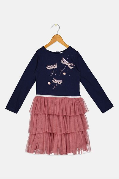 Miss Toddlers Girl Embroidered Dress, Navy