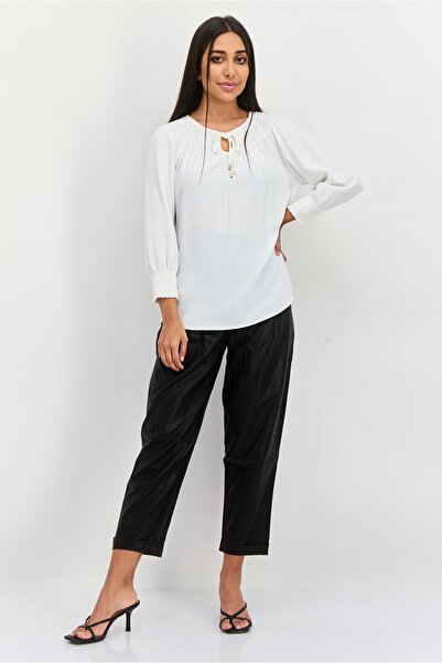 Calvin Klein Women Tie Neck Long Sleeves Textured Blouse, Off-White