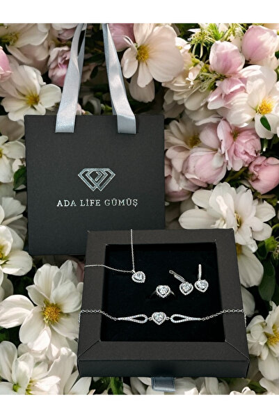 ADA LİFE GÜMÜŞ 925 Ayar Gümüş Pırlanta Kalp Model Kadın 4 lü Set Bileklik Kolye Küpe Yüzük (ÇANTALI KUTULU)