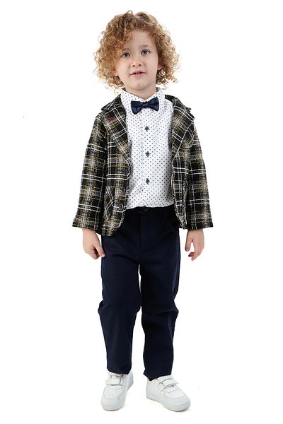 Monttini Boy's 4-Piece Suit Plaid Jacket, White Shirt, Bow Tie and Pants