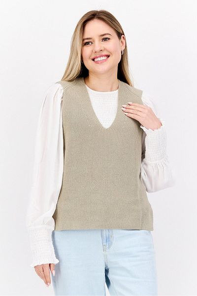 Esprit Women V Neck Sleeveless Textured Sweater Vest, Grey