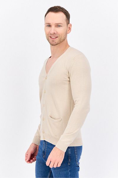 Sorbino Men V Neck Long Sleeve Textured Cardigan, Beige