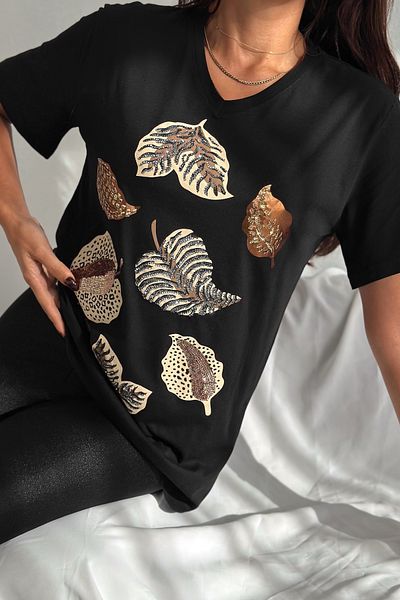 FEMELLE Tricou de damă, negru, cu decolteu în V, mărime mare, cu paiete, brodat, 100% bumbac