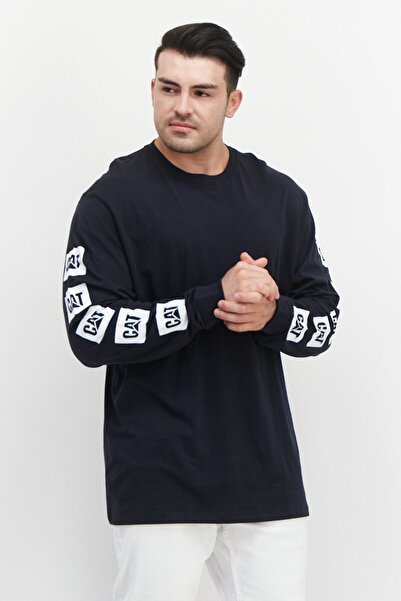 Cat Men Crew Neck Long Sleeve Brand Logo T-Shirts, Navy