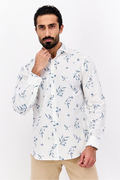 Perry Ellis Men Stretch Fit Floral Print Long Sleeve Casual Shirt, White Combo