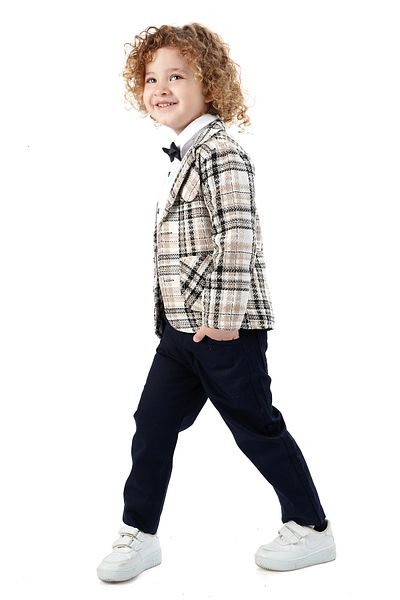 Monttini Boy's 4-Piece Suit Plaid Jacket, White Shirt, Bow Tie and Pants