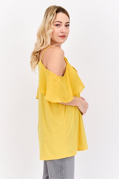 Nine West Women Square Neck Cold Shoulder Sleeve Plain Top, Sunset Yellow