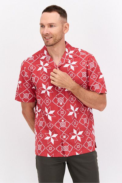 Perry Ellis Men Regular Fit Allover Print Short Sleeves Casual Shirt, Red Combo