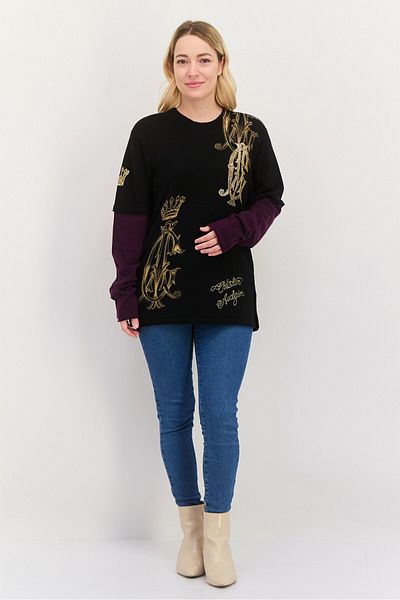 Christian Audigier Women Round Neck Embellished Sweater, Black