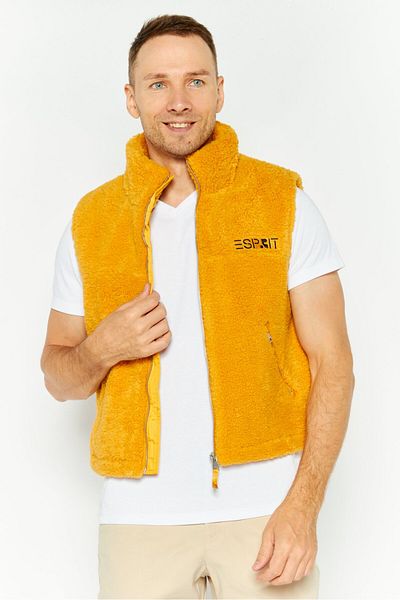 Esprit Men Embroidered Logo Faux Fur Vest Jackets, Mustard