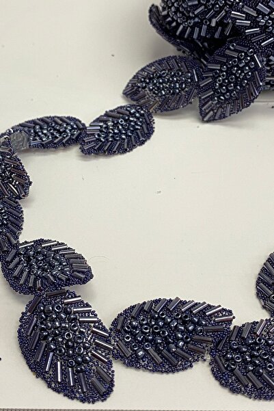 Hayalperest boncuk Lacivert Yaprak Desen Ütüyle Yapışan Şerit Taş Aplik